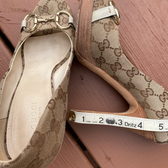 Gucci Beige GG Canvas  Horsebit Peep Toe Pumps - Picture 7 of 15